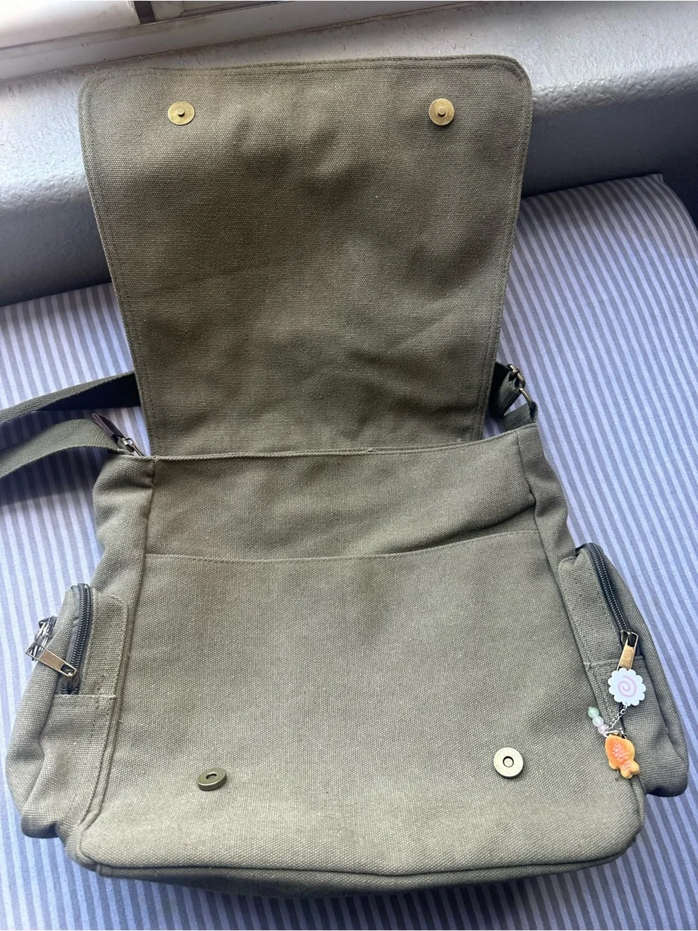 Olive Green Canvas Messenger Bag with Totoro Print